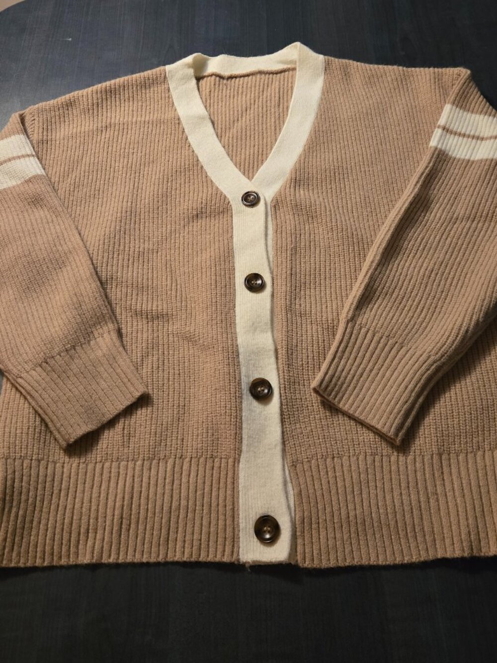 Beige Cream Ribbed Cardigan Large - Picture 2 of 5